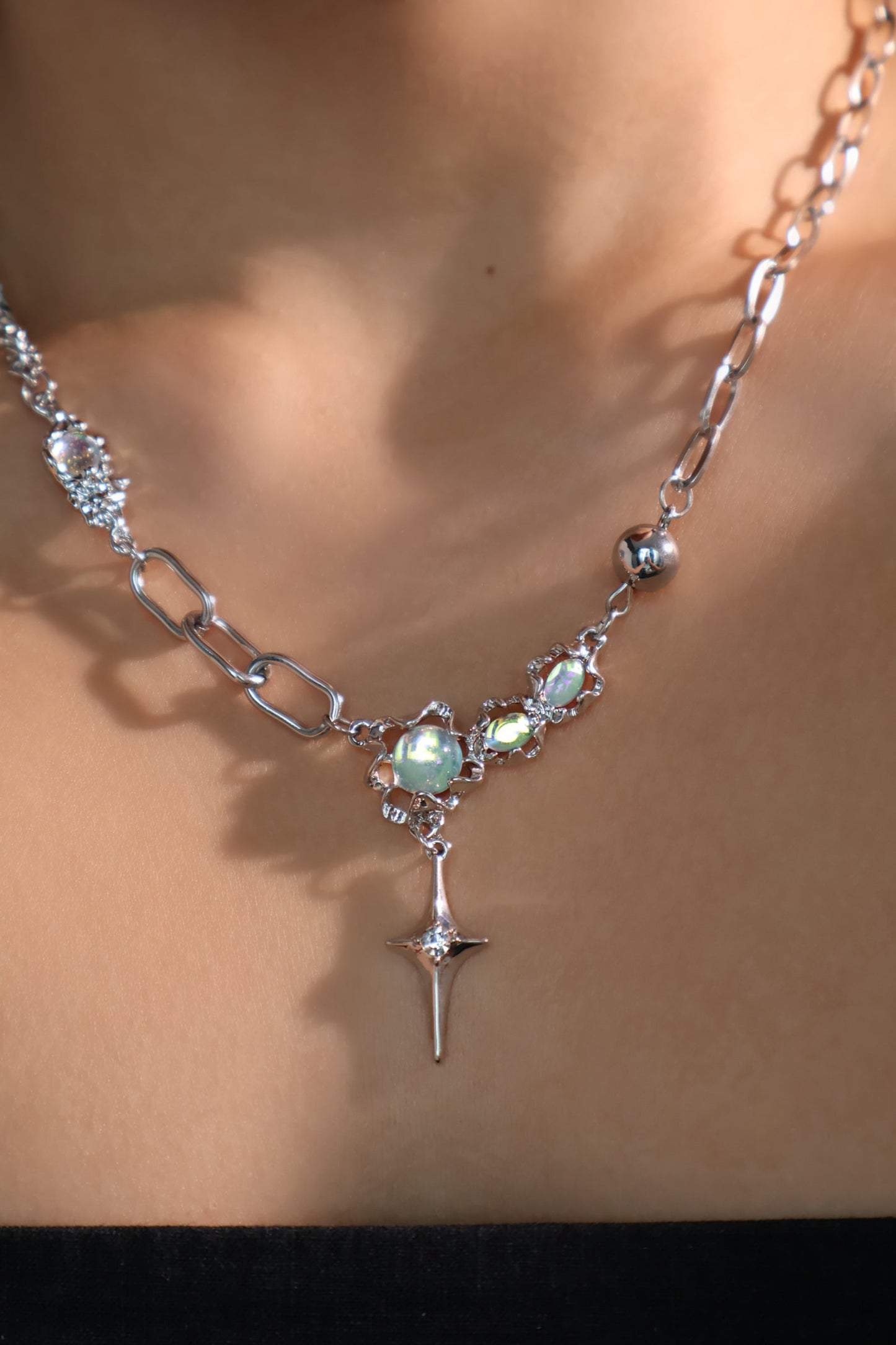 Palladium White Gold Plated Opal Star Necklace