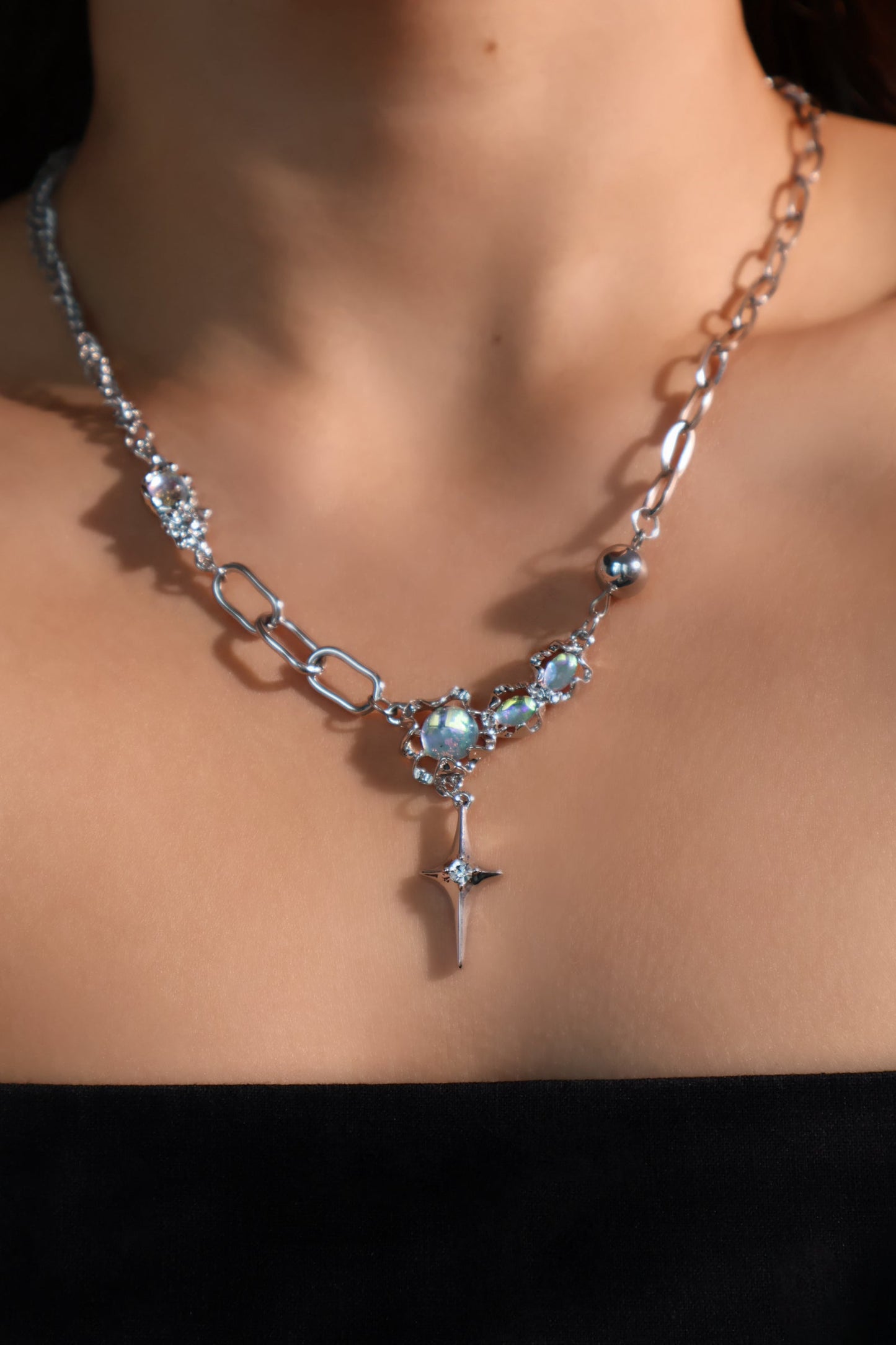 Palladium White Gold Plated Opal Star Necklace