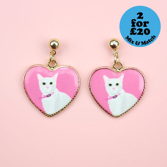 White Cat Heart Stud Earrings