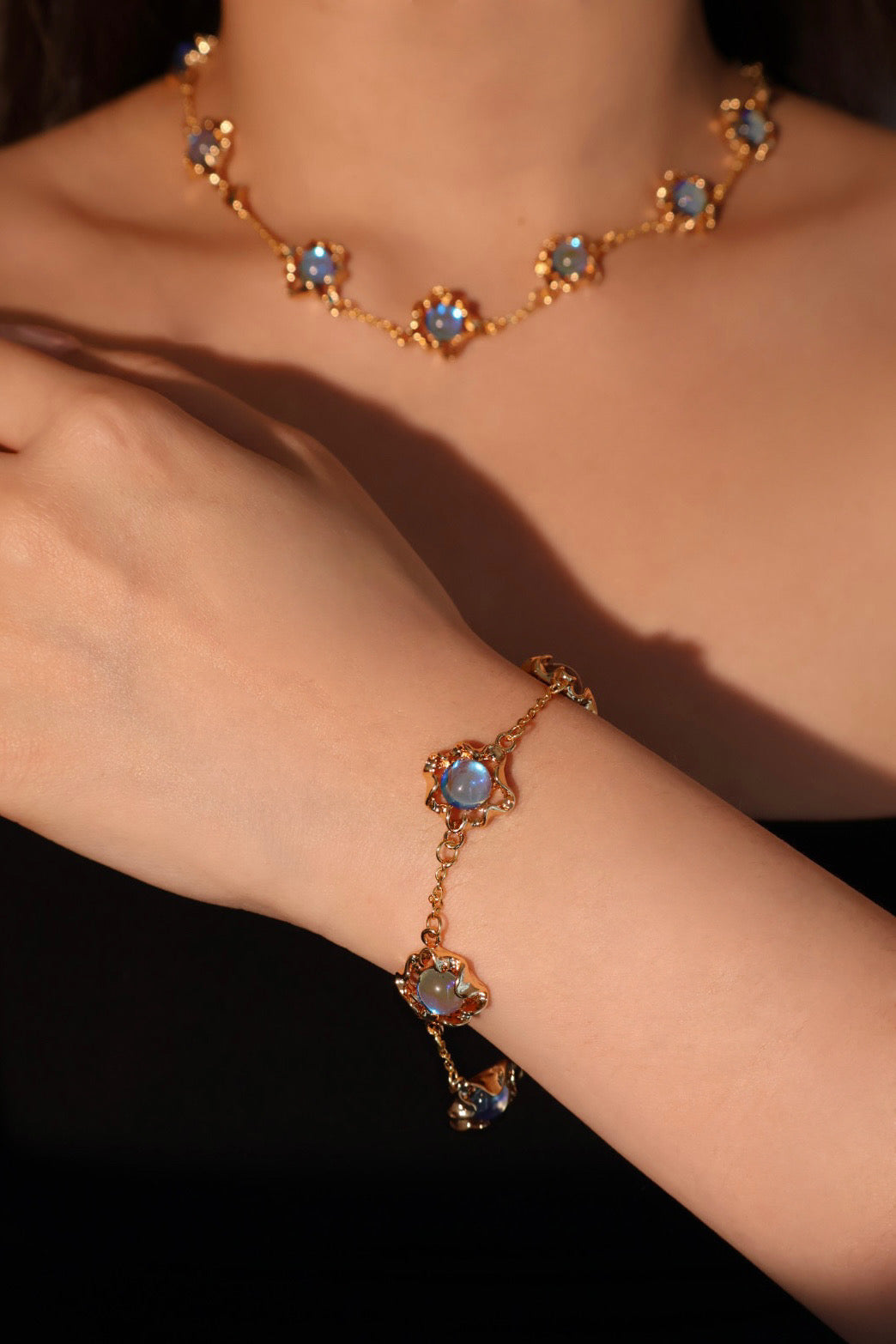 18K Real Gold Plated Multi Deep Blue Moonstones Necklace