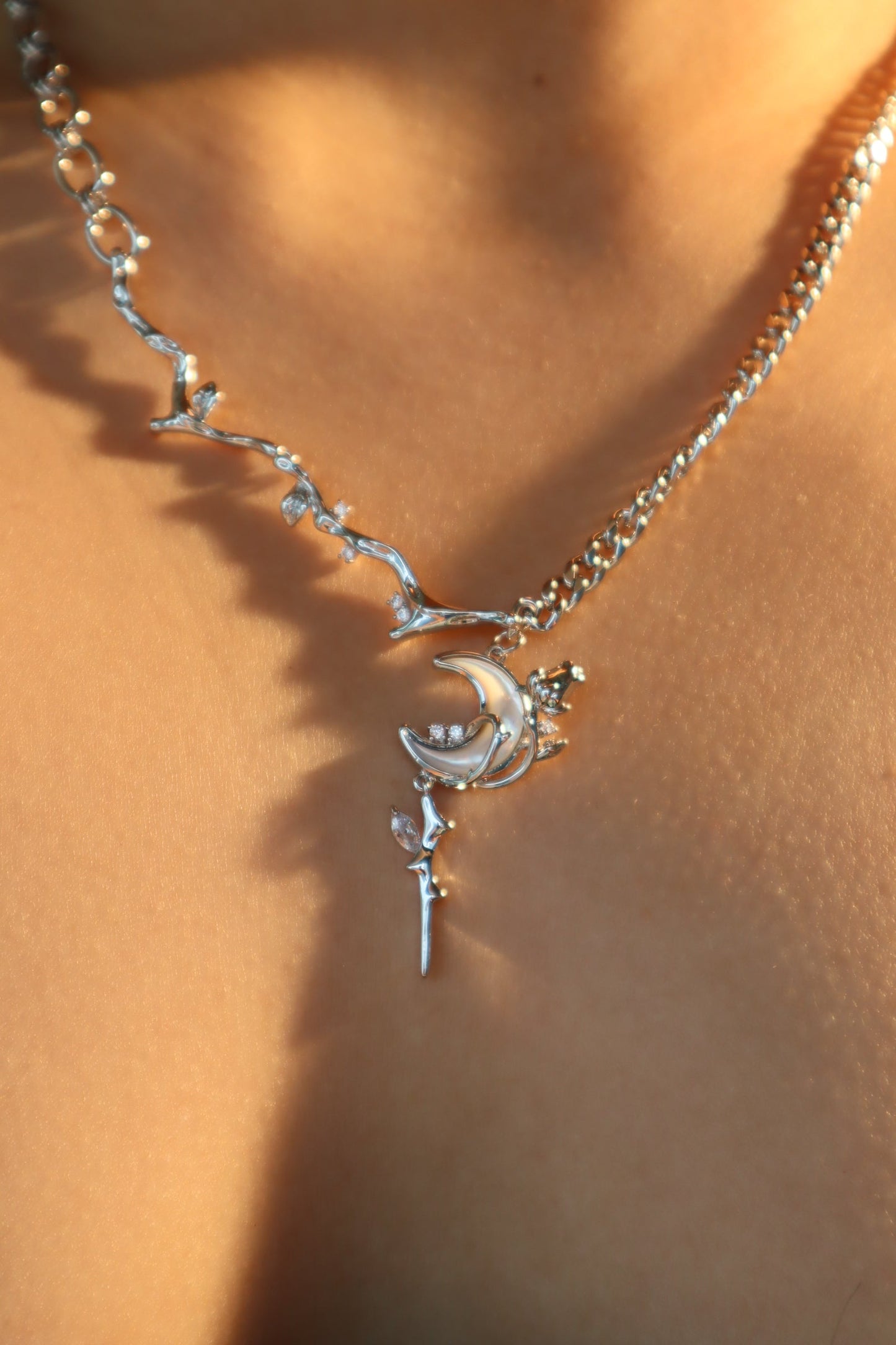Palladium White Gold Plated Rose Moon Necklace