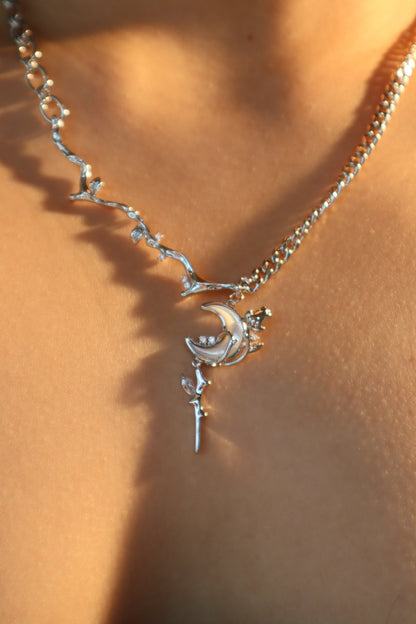 Palladium White Gold Plated Rose Moon Necklace