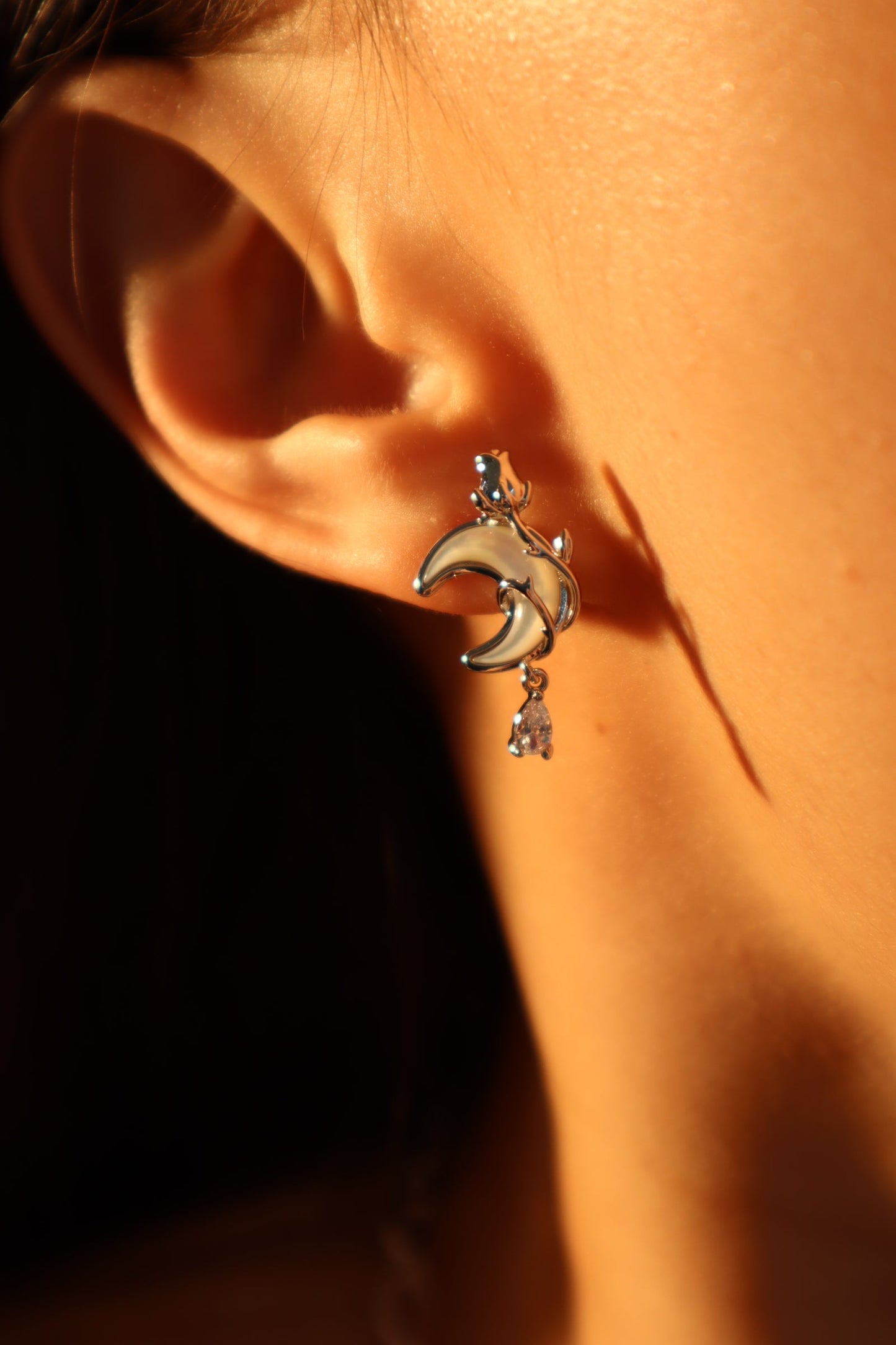 Palladium White Gold Plated Rose Moon Earrings