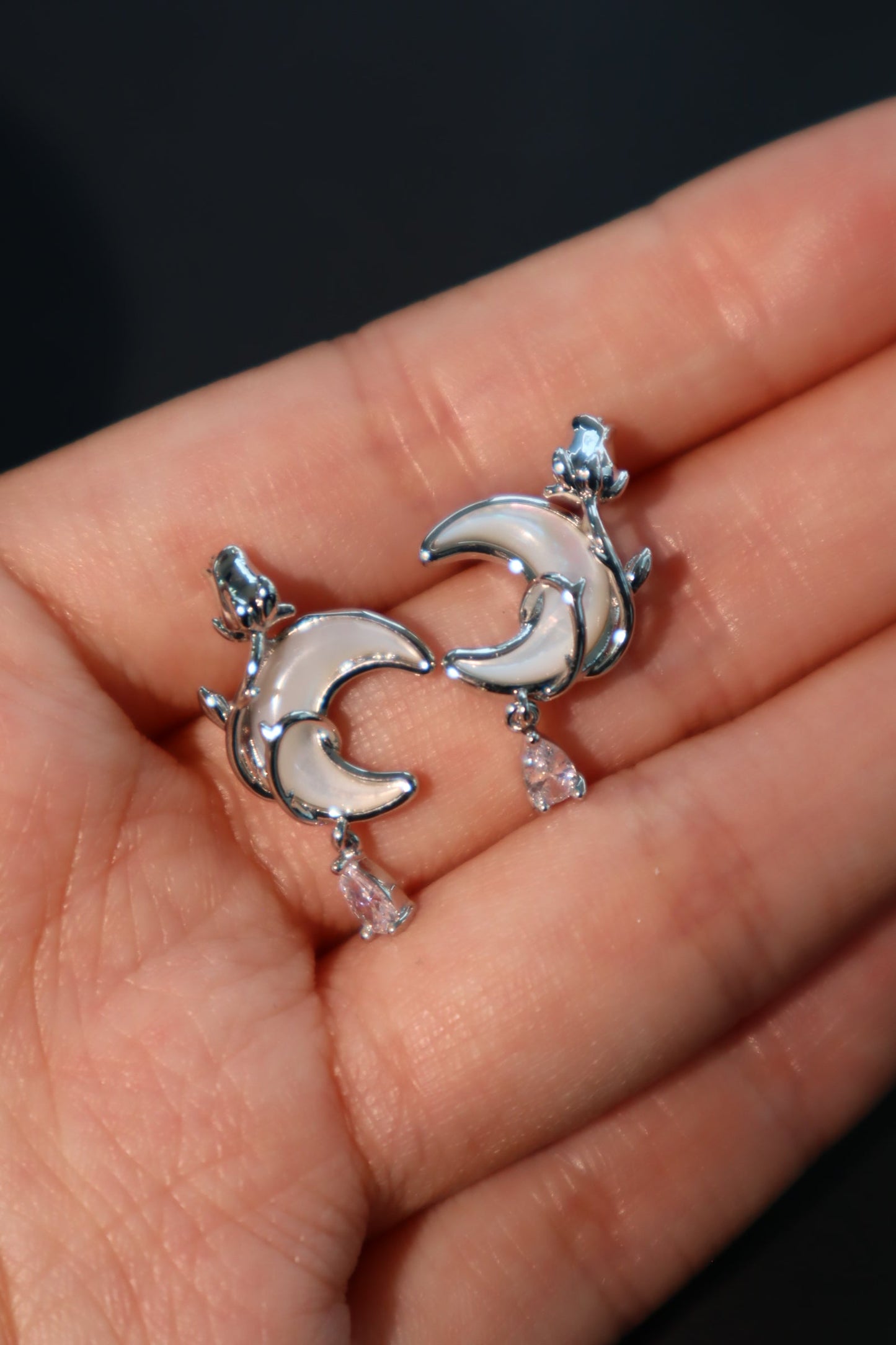 Palladium White Gold Plated Rose Moon Earrings