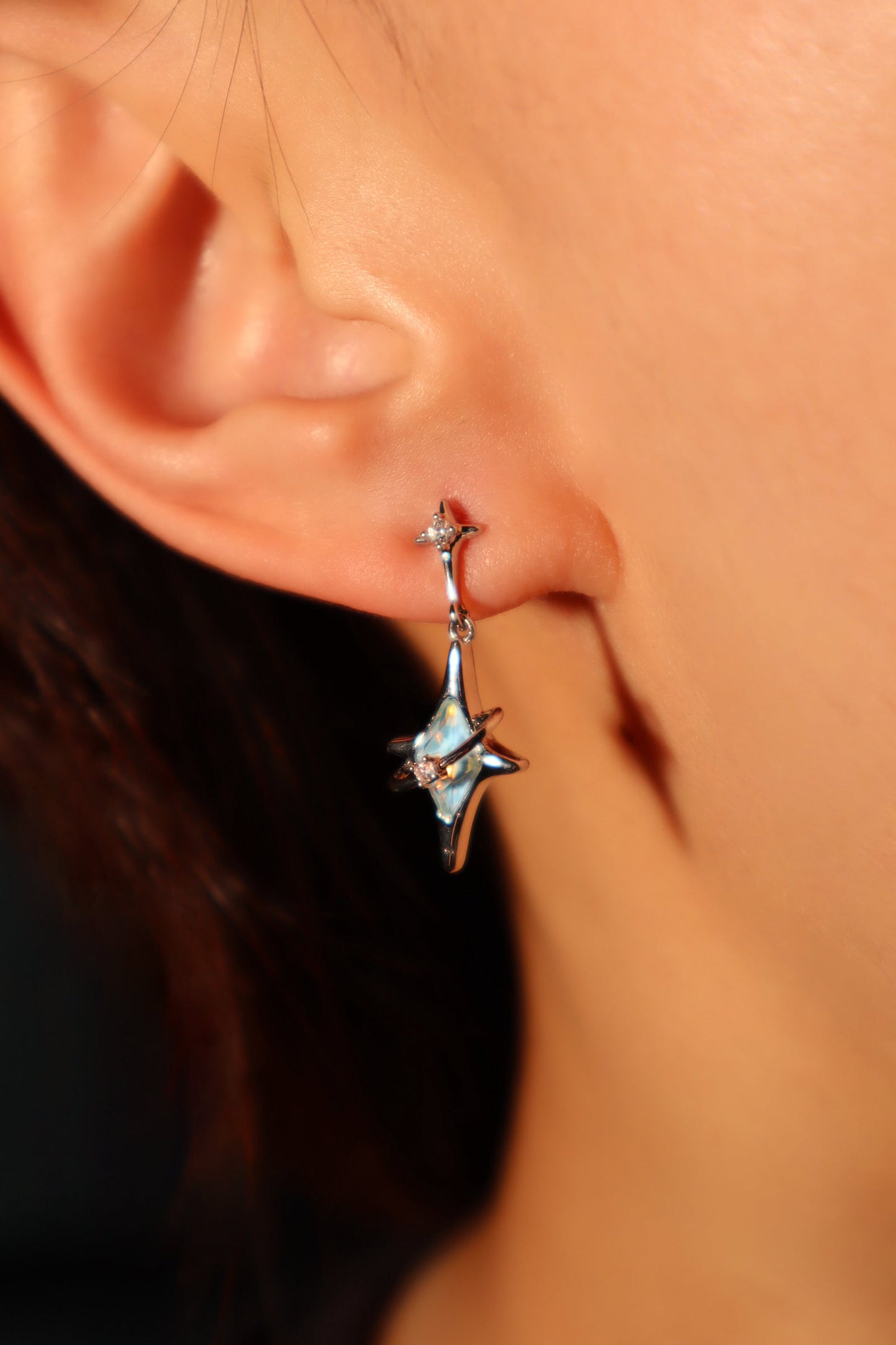 Palladium White Gold Plated Blue Saturn Star Earrings