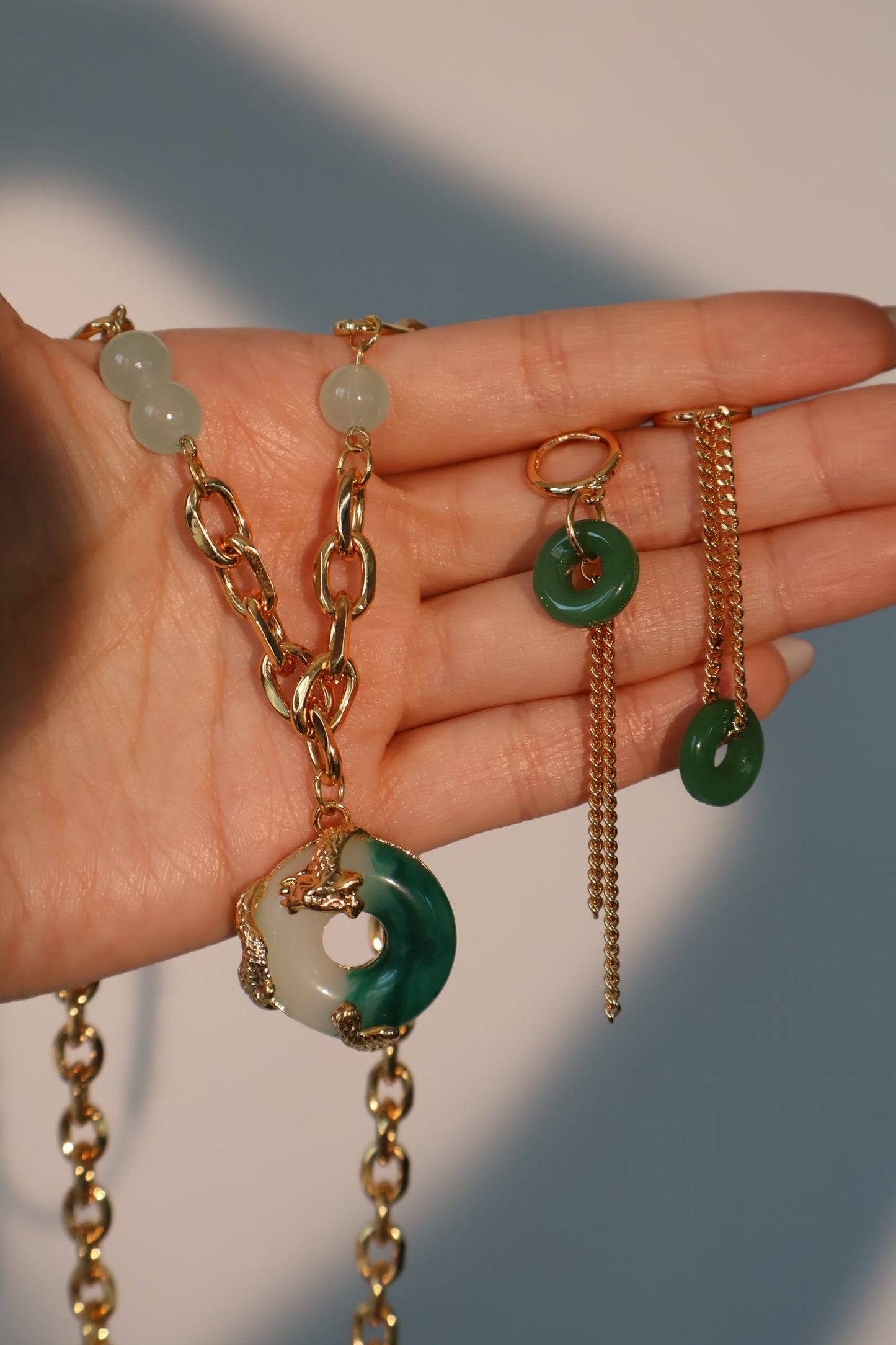 18K Real Gold Plated Jade Dragon Necklace (EARRINGS INCLUDED)