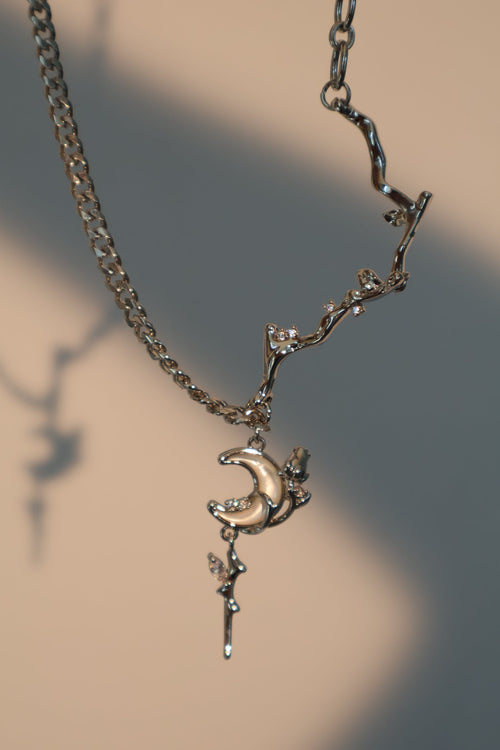 Palladium White Gold Plated Rose Moon Necklace