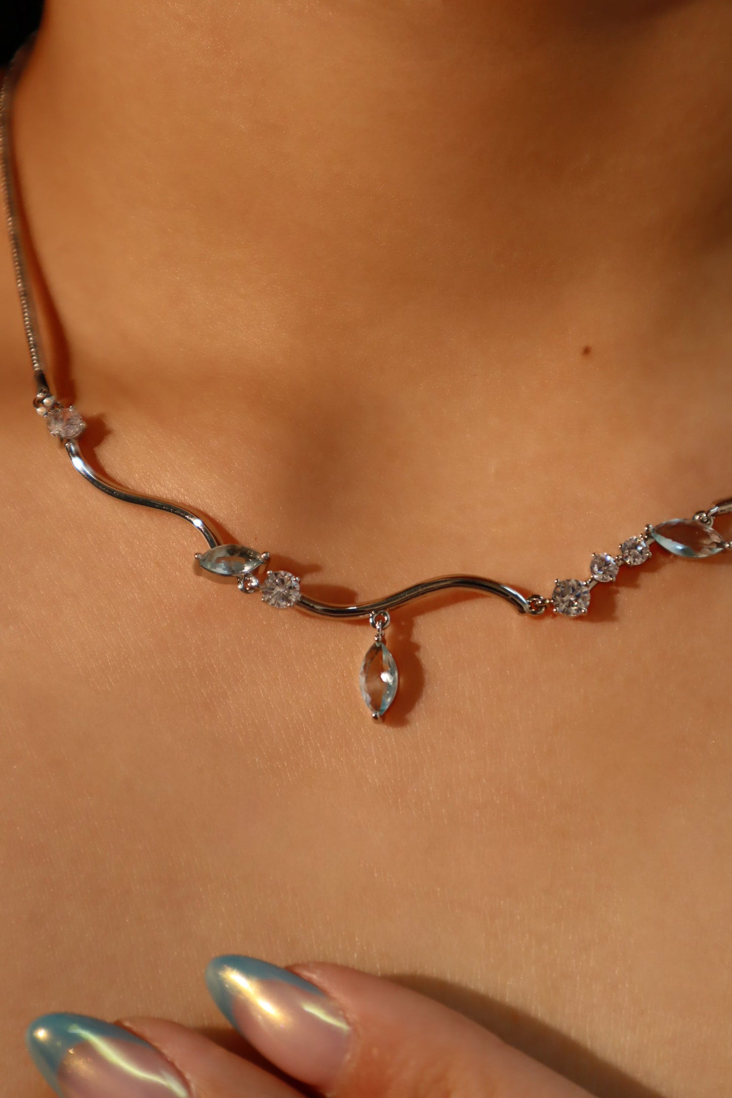 Palladium White Gold Plated Blue Gem Diamonds Necklace