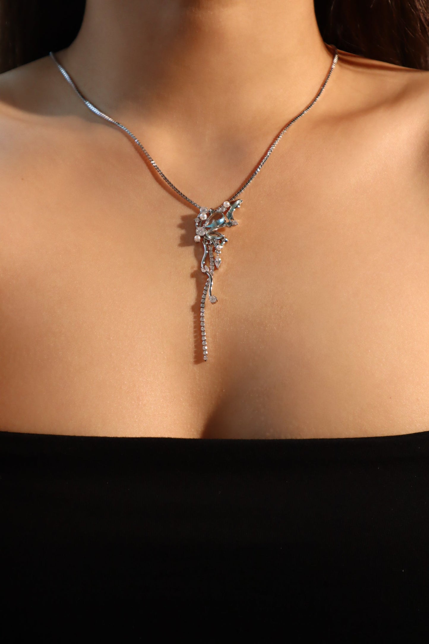 Palladium White Gold Plated Blue Gem Butterfly Necklace
