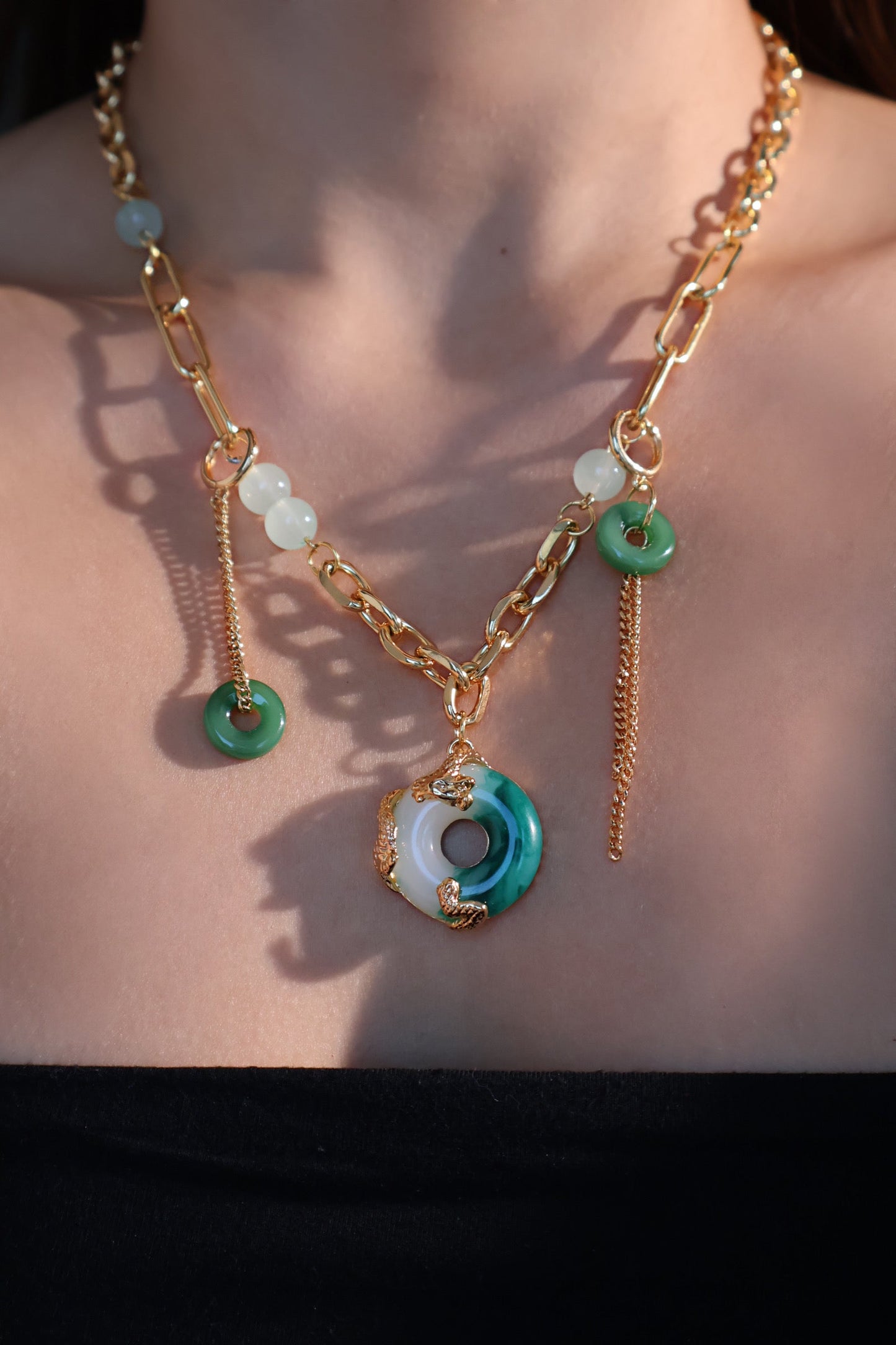 18K Real Gold Plated Jade Dragon Necklace (EARRINGS INCLUDED)
