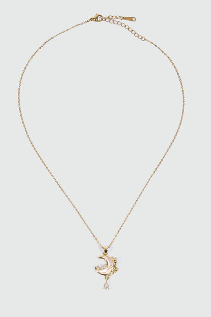 18K Real Gold Plated White Rose Moon Necklace