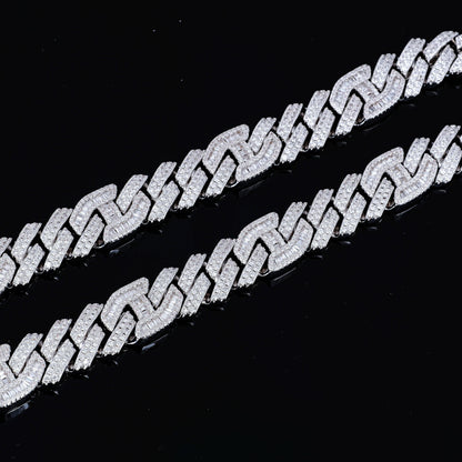15mm Prong Baguette Curb Chain White Gold