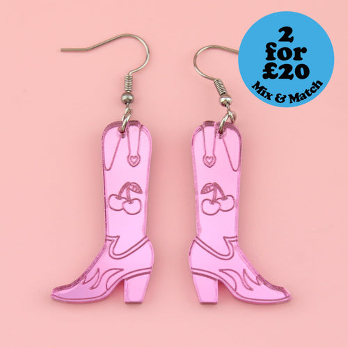 Working 9-5 Pink Cowgirl Boot Earrings