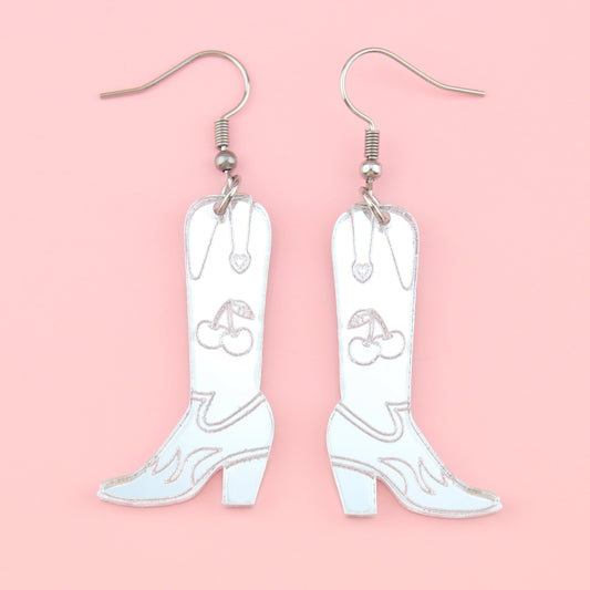 Working 9-5 Silver Cowgirl Boot Earrings