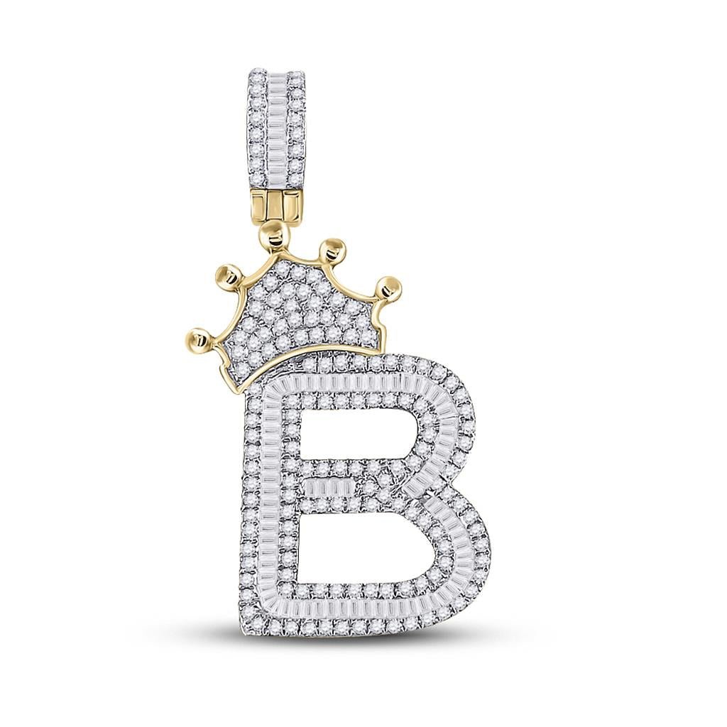 A-Z Crown Letter Initial Baguette Diamond Pendant 10K Yellow Gold