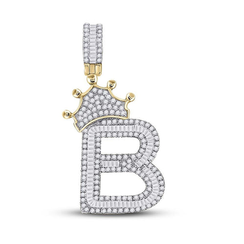A-Z Crown Letter Initial Baguette Diamond Pendant 10K Yellow Gold