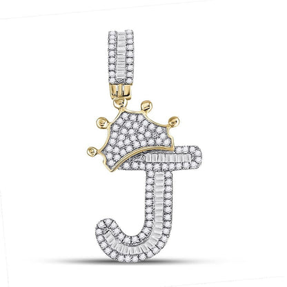 A-Z Crown Letter Initial Baguette Diamond Pendant 10K Yellow Gold