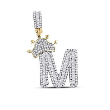 A-Z Crown Letter Initial Baguette Diamond Pendant 10K Yellow Gold