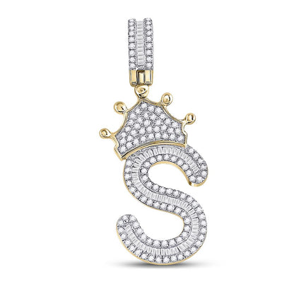 A-Z Crown Letter Initial Baguette Diamond Pendant 10K Yellow Gold