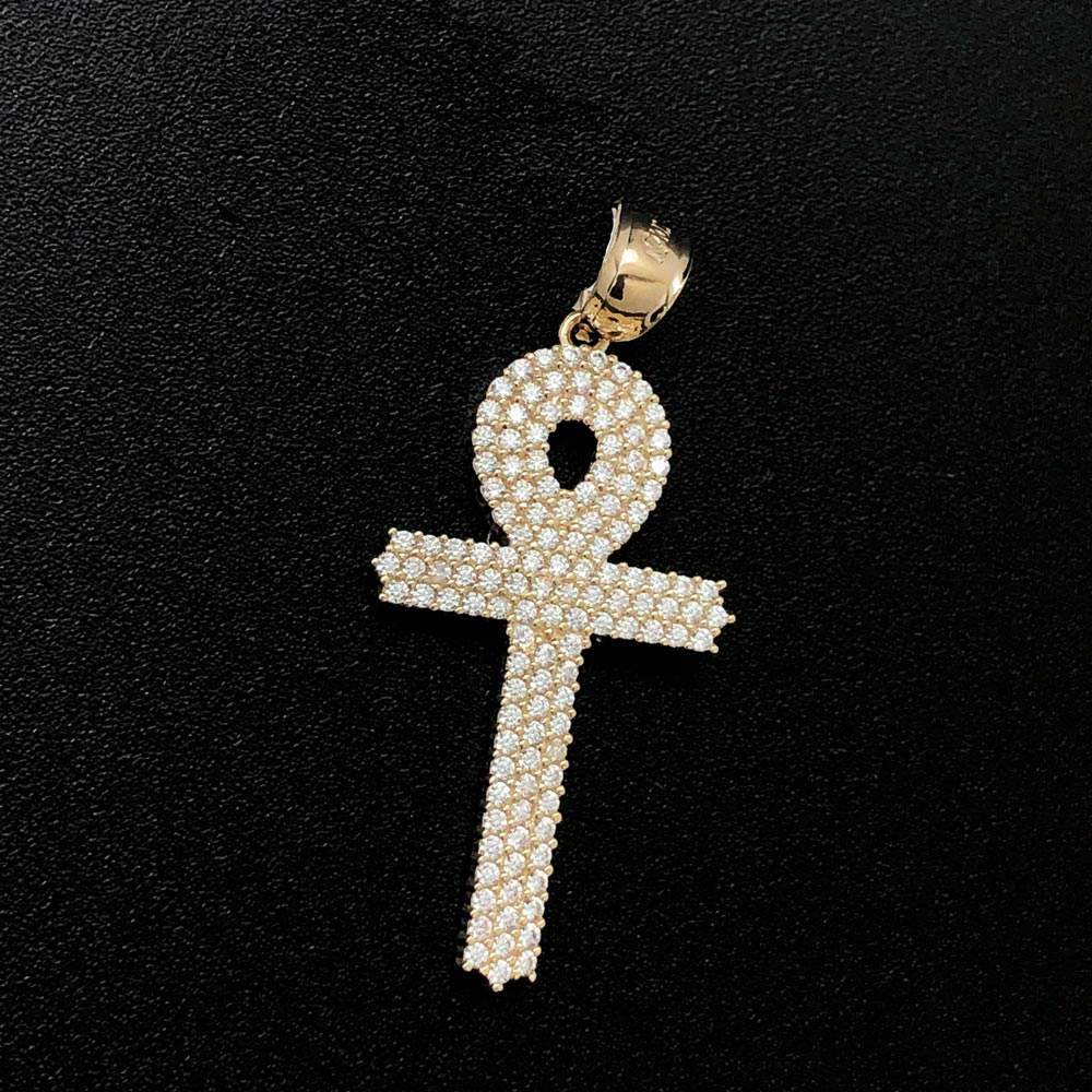 Anhk Cross Triple Row CZ 10K Yellow Gold Pendant