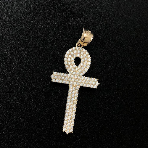 Anhk Cross Triple Row CZ 10K Yellow Gold Pendant