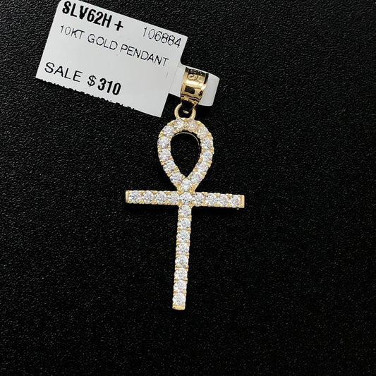 Ankh Tennis Cross CZ 10K Yellow Gold Pendant