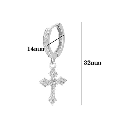 Antique Cross Dangling Huggie Hoop Iced Out Earrings .925 Silver
