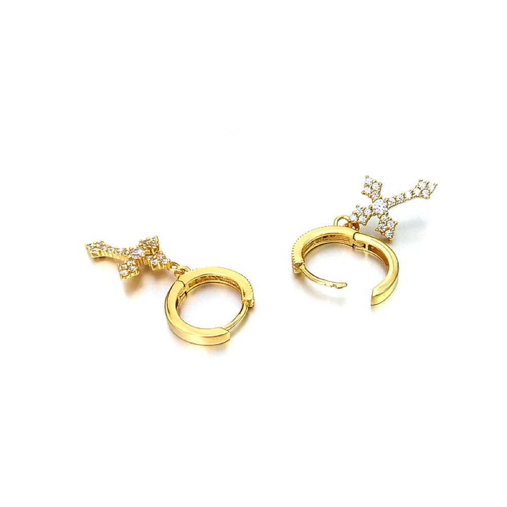 Antique Cross Dangling Huggie Hoop Iced Out Earrings .925 Silver