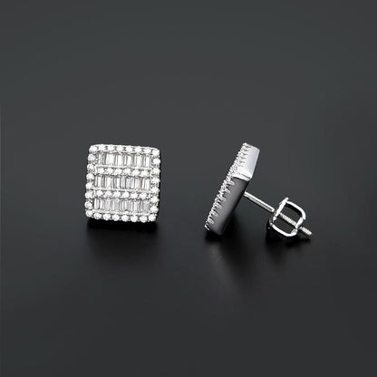 Baguette 3 Row Box CZ Iced Out Earrings .925 Silver