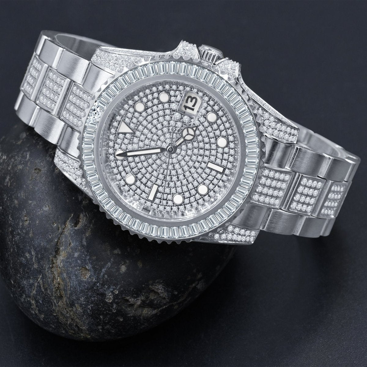 Baguette Bezel CZ Mid Link Date Hip Hop Watch