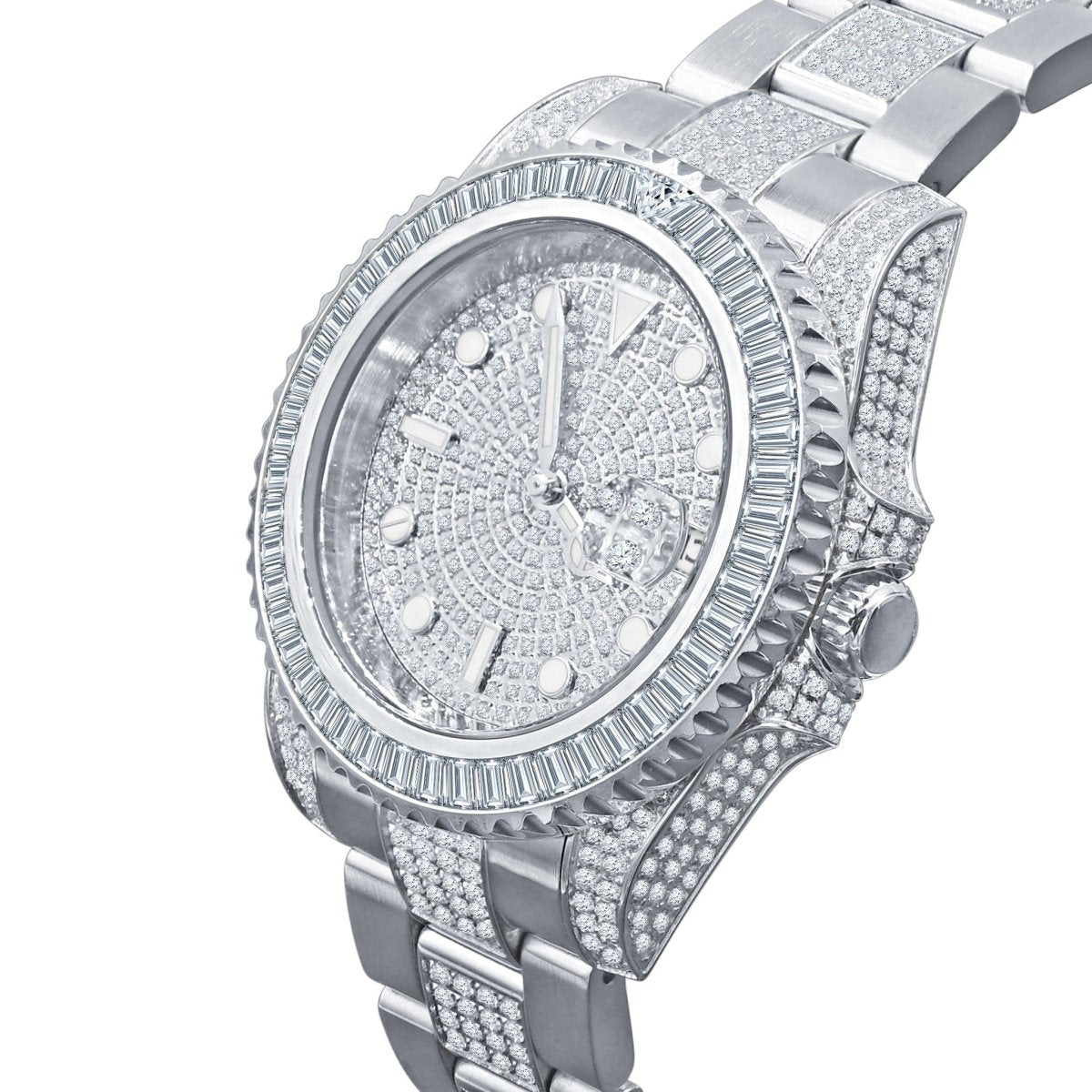 Baguette Bezel CZ Mid Link Date Hip Hop Watch
