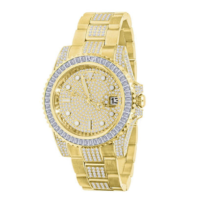 Baguette Bezel CZ Mid Link Date Hip Hop Watch