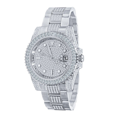 Baguette Bezel CZ Mid Link Date Hip Hop Watch