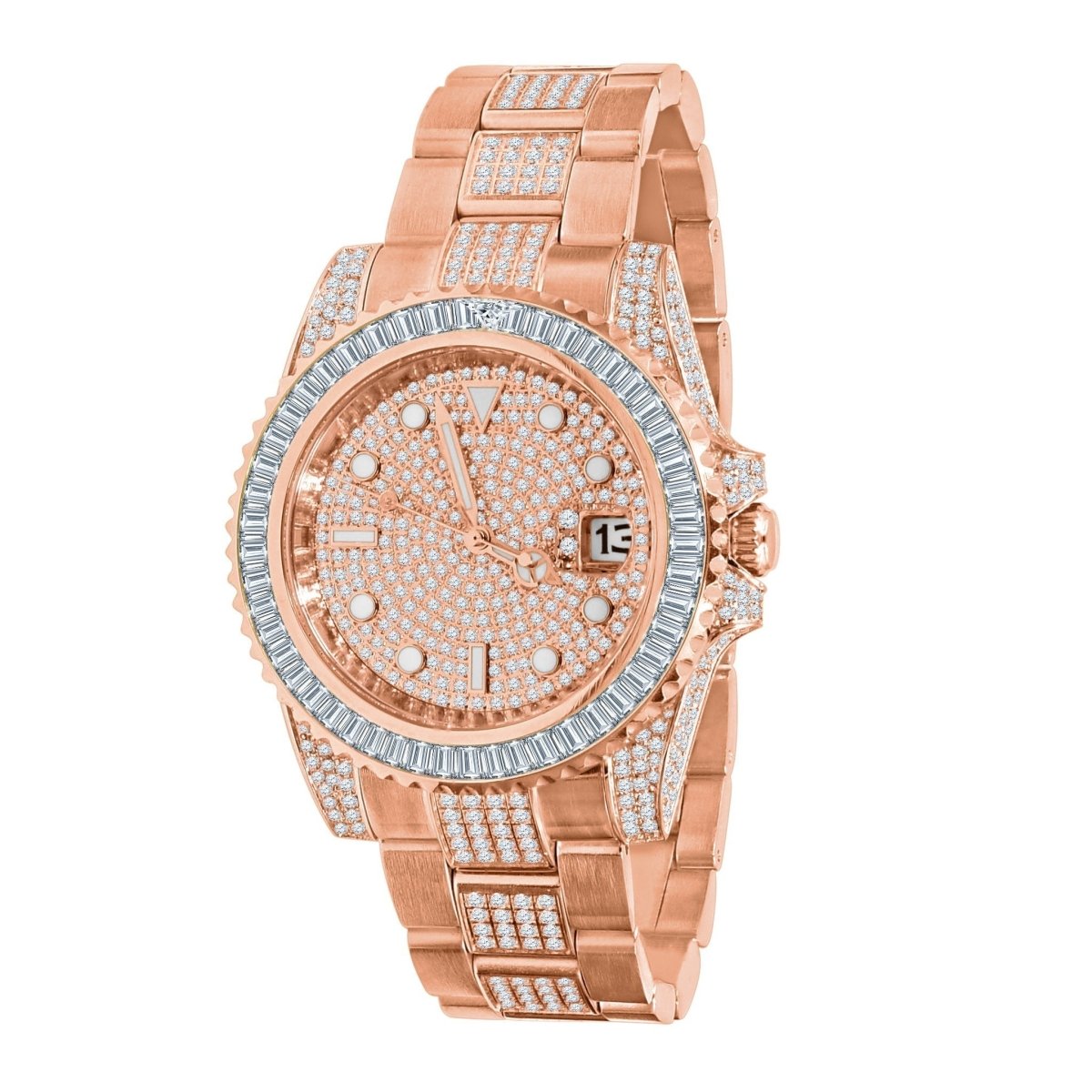 Baguette Bezel CZ Mid Link Date Hip Hop Watch