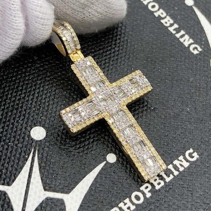 Baguette Block Cross Diamond Pendant 1.05cttw 10K Yellow Gold