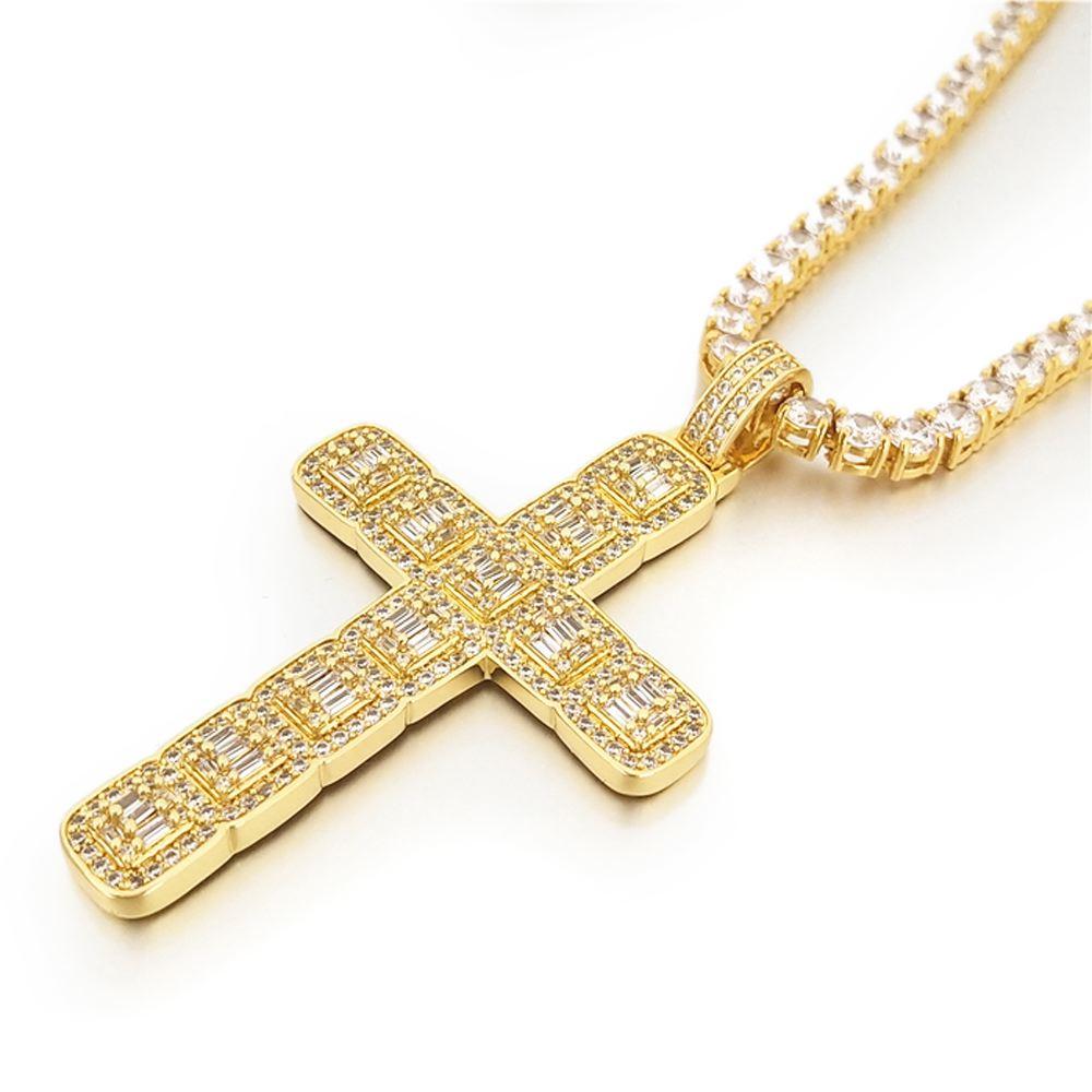 Baguette Cluster Cross Bling Pendant in White / Yellow Gold