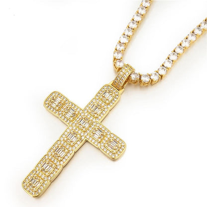 Baguette Cluster Cross Bling Pendant in White / Yellow Gold