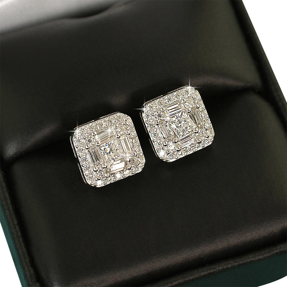Baguette Cluster VVS Moissanite Earrings .925 Sterling Silver