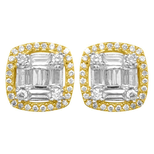 Baguette Cushion Cluster Diamond Earrings .80cttw 10K Yellow Gold