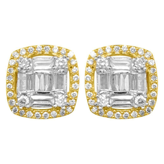 Baguette Cushion Cluster Diamond Earrings .80cttw 10K Yellow Gold