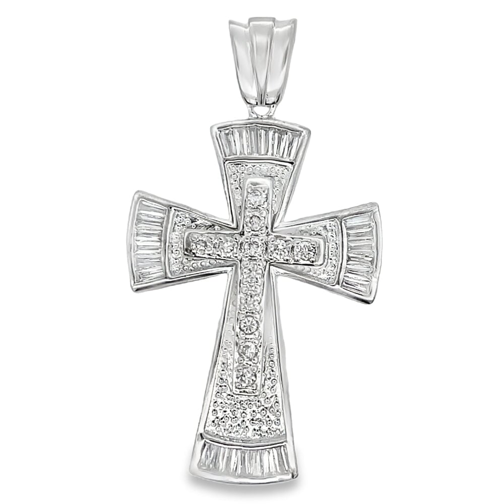 Baguette Fan Cross CZ Pendant .925 Sterling Silver
