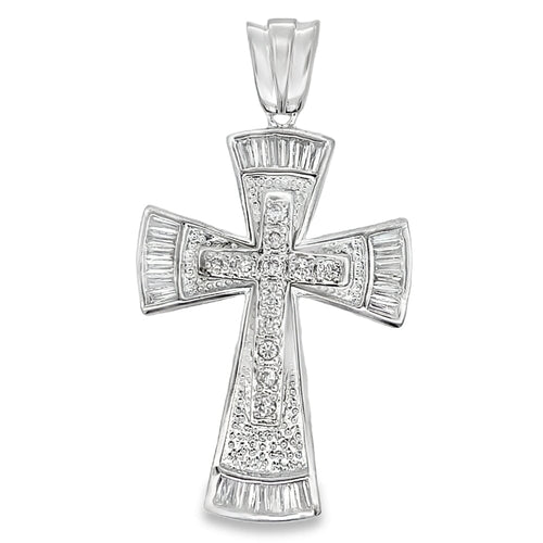 Baguette Fan Cross CZ Pendant .925 Sterling Silver