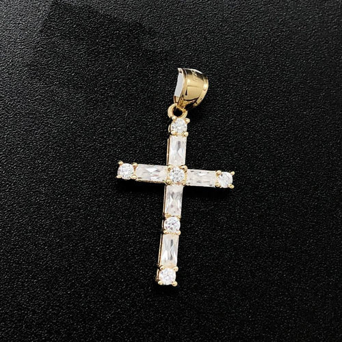 Baguette & Round CZ Tennis Cross 10K Yellow Gold Pendant