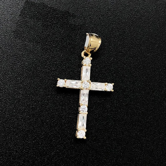 Baguette & Round CZ Tennis Cross 10K Yellow Gold Pendant