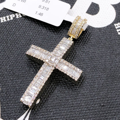 Baguette Row Cross Diamond Pendant 1.46cttw 10K Yellow or White Gold