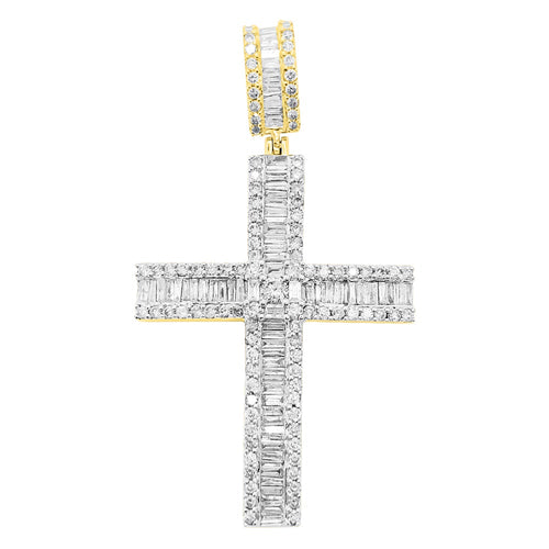Baguette Row Cross Diamond Pendant 1.46cttw 10K Yellow or White Gold