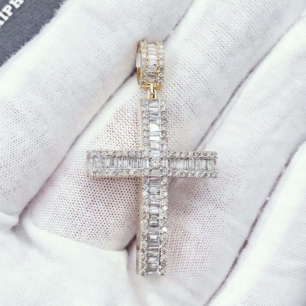 Baguette Row Cross Diamond Pendant 1.46cttw 10K Yellow or White Gold