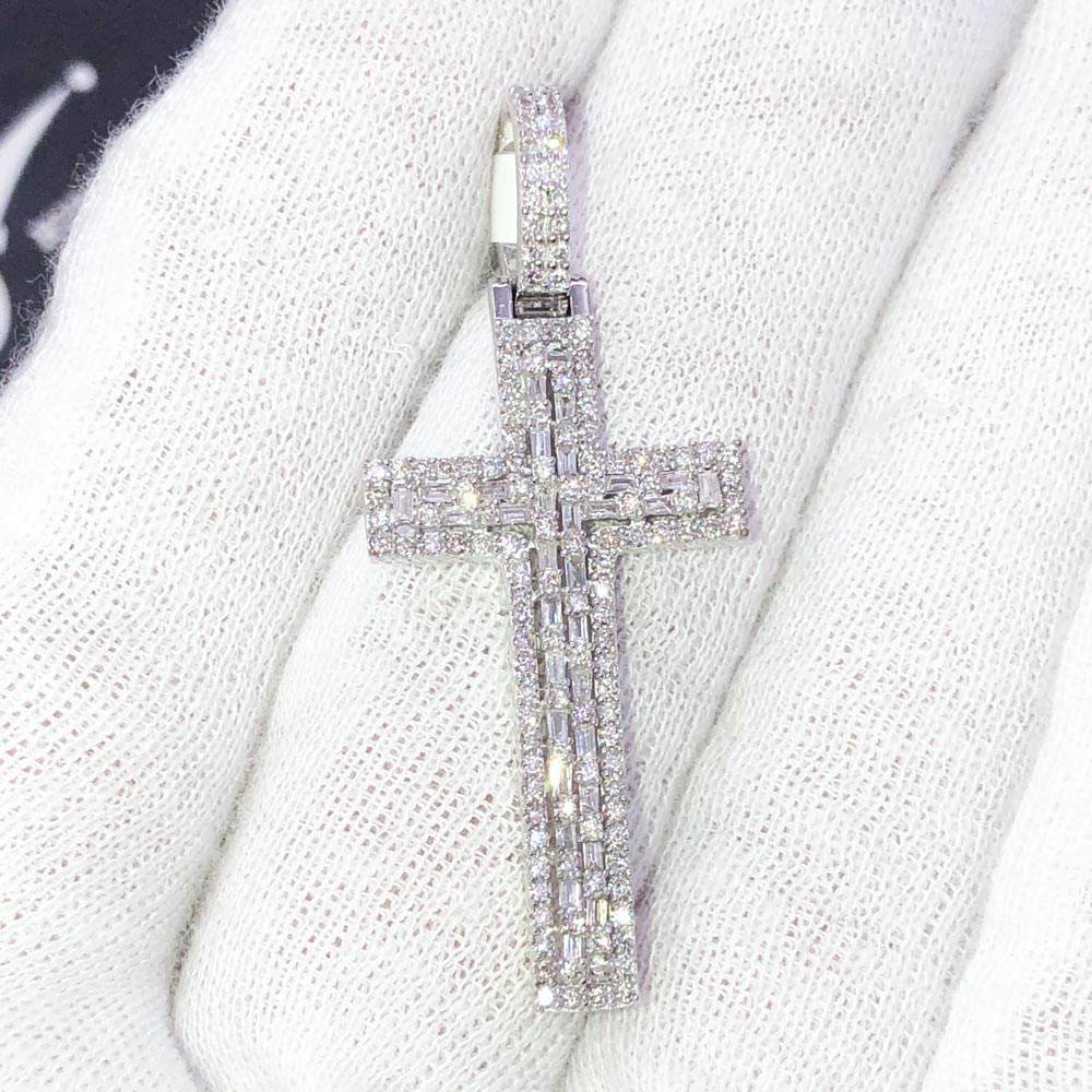 Baguette Tall Cross Diamond 1.16 Carat Pendant 10K White Gold
