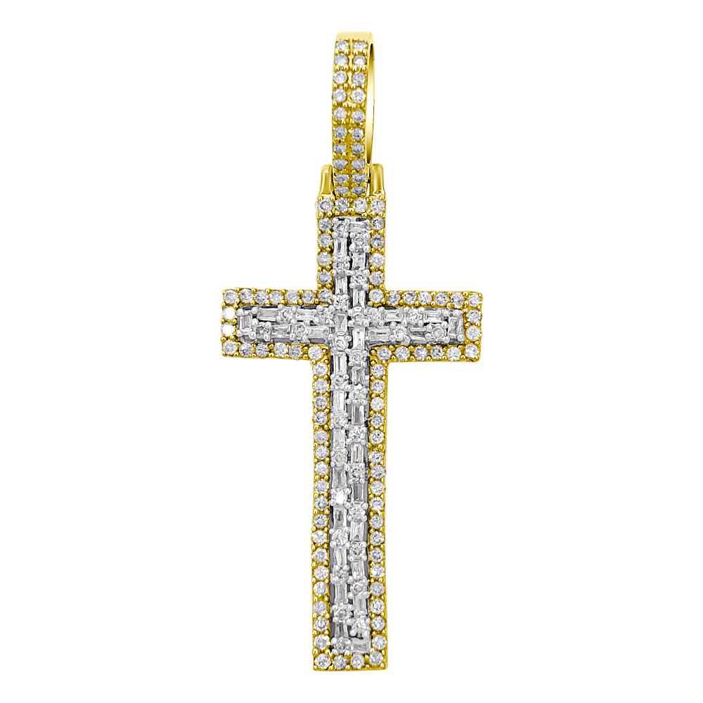 Baguette Tall Cross Diamond 1.19 Carat Pendant 10K Yellow Gold