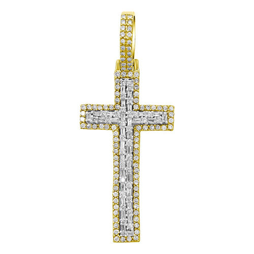 Baguette Tall Cross Diamond 1.19 Carat Pendant 10K Yellow Gold